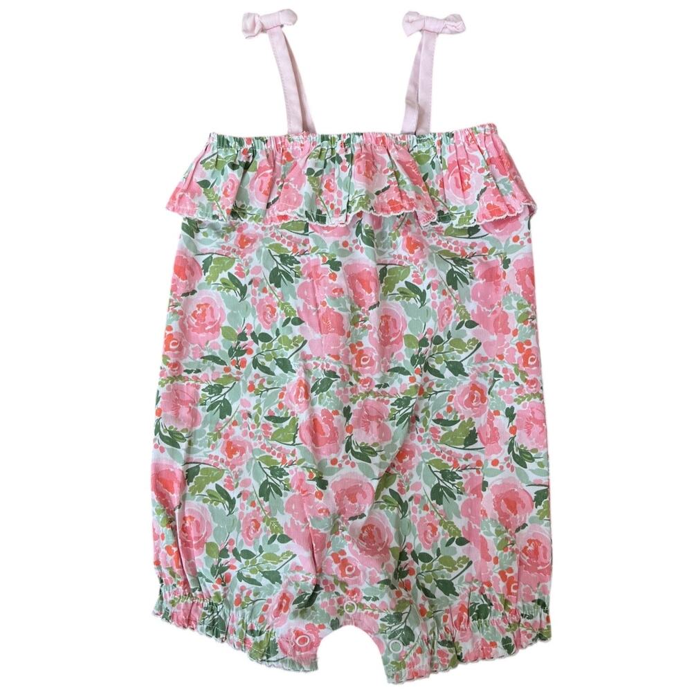 Mudpie Floral Summer Romper Pink Bows Ruffle Baby Girl Size 12-18 months
